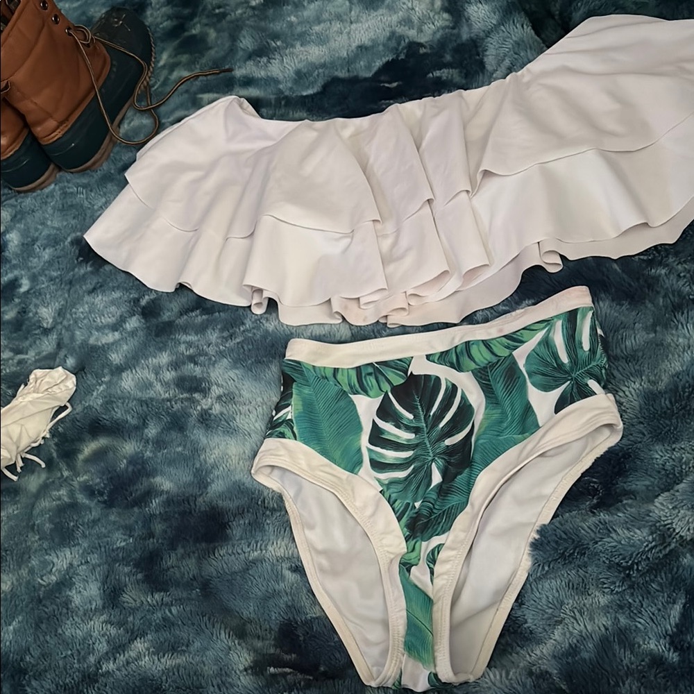 Nasty Gal White and Green Leaf Bikini